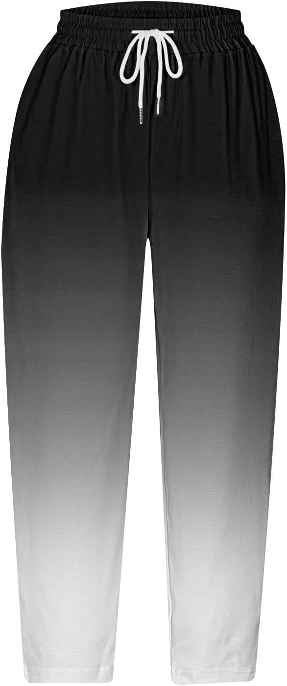 fartey Womens Summer Pants Casual Drawstring Elastic High Waist Capri Pants Floral Print Wide Leg Cropped Pants Trousers