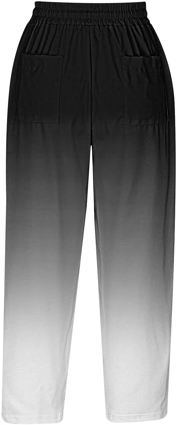fartey Womens Summer Pants Casual Drawstring Elastic High Waist Capri Pants Floral Print Wide Leg Cropped Pants Trousers