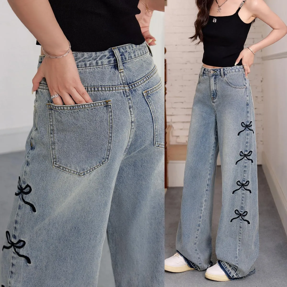 Fashion Women's Jeans Y2K High Waist Casual Vintage Baggy Straight Cut Cute Bow Embroidered Denim Pants