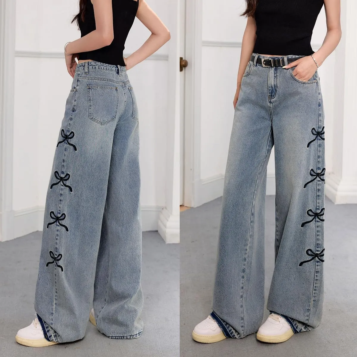 Fashion Women's Jeans Y2K High Waist Casual Vintage Baggy Straight Cut Cute Bow Embroidered Denim Pants