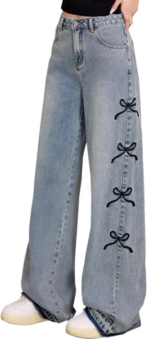 Fashion Women's Jeans Y2K High Waist Casual Vintage Baggy Straight Cut Cute Bow Embroidered Denim Pants