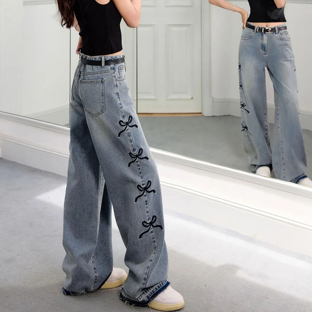 Fashion Women's Jeans Y2K High Waist Casual Vintage Baggy Straight Cut Cute Bow Embroidered Denim Pants