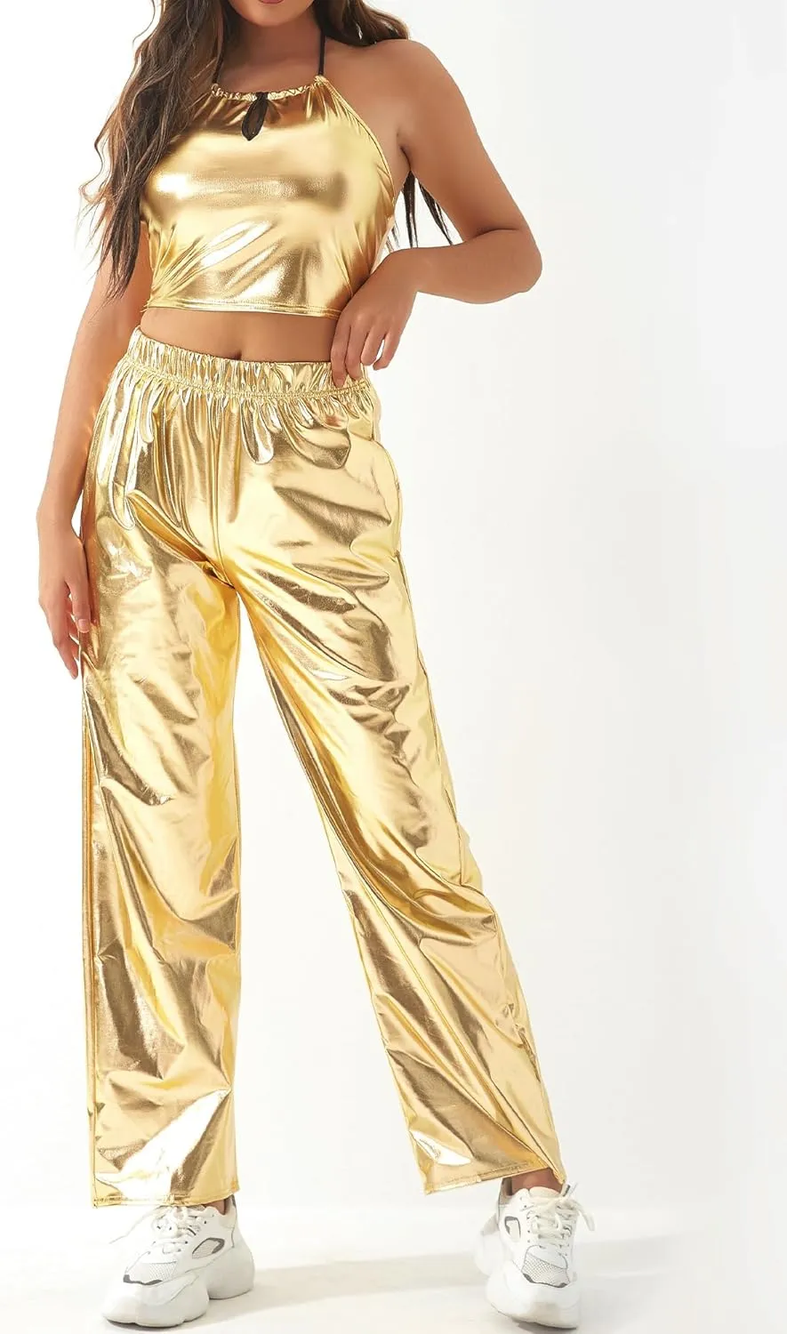 FEOYA Women's Shiny Metallic Rave Pants Elastic High Waist Wide Leg Trousers Hip Hop Disco Jogger Sweatpants Clubwear