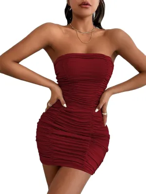 Floerns Women Bodycon Strapless Mini Dress Ruched Sleeveless Sexy Tube Dress