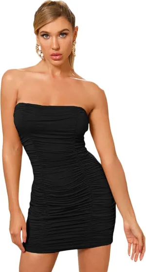 Floerns Women Bodycon Strapless Mini Dress Ruched Sleeveless Sexy Tube Dress