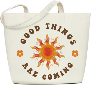 Floral Canvas Tote Bag Handbag For Women - Good Things Are Coming Inspirational Gifts Funny Shoulder Bag Beach Bags for Work Shopping, Grocery Travel Bag Birthday Gifts for Mom Sister Friends Wife -17