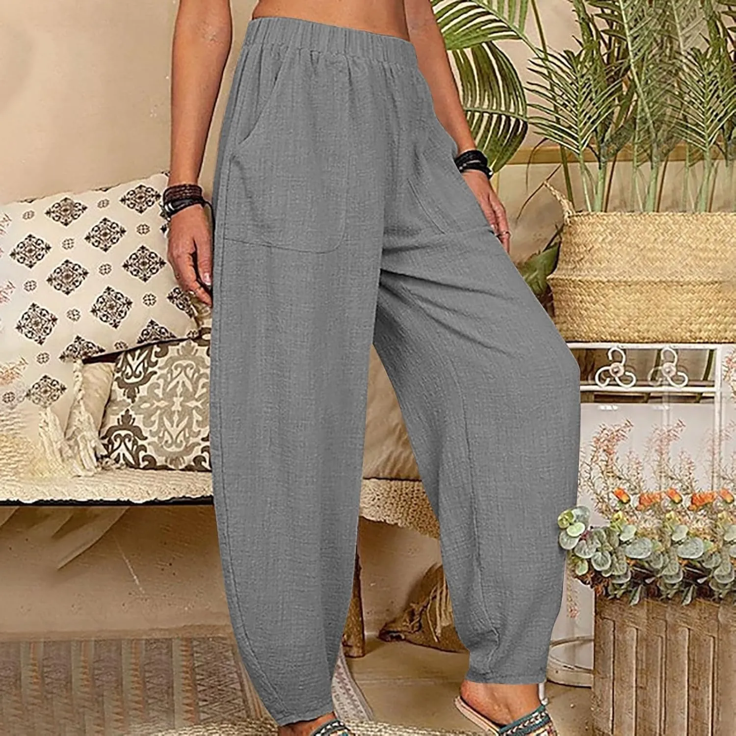 Flowy Pants for Women Straight Leg Cotton Linen Palazzo Trousers Elastic High Waisted Summer Casual Beach Outfit