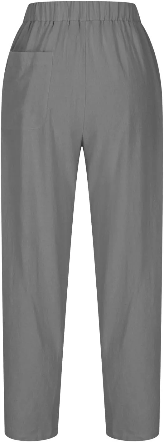 Flowy Pants for Women Straight Leg Cotton Linen Palazzo Trousers Elastic High Waisted Summer Casual Beach Outfit