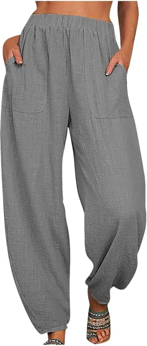 Flowy Pants for Women Straight Leg Cotton Linen Palazzo Trousers Elastic High Waisted Summer Casual Beach Outfit