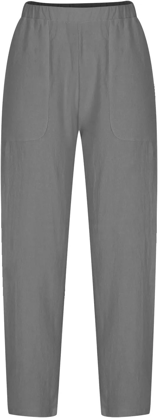 Flowy Pants for Women Straight Leg Cotton Linen Palazzo Trousers Elastic High Waisted Summer Casual Beach Outfit
