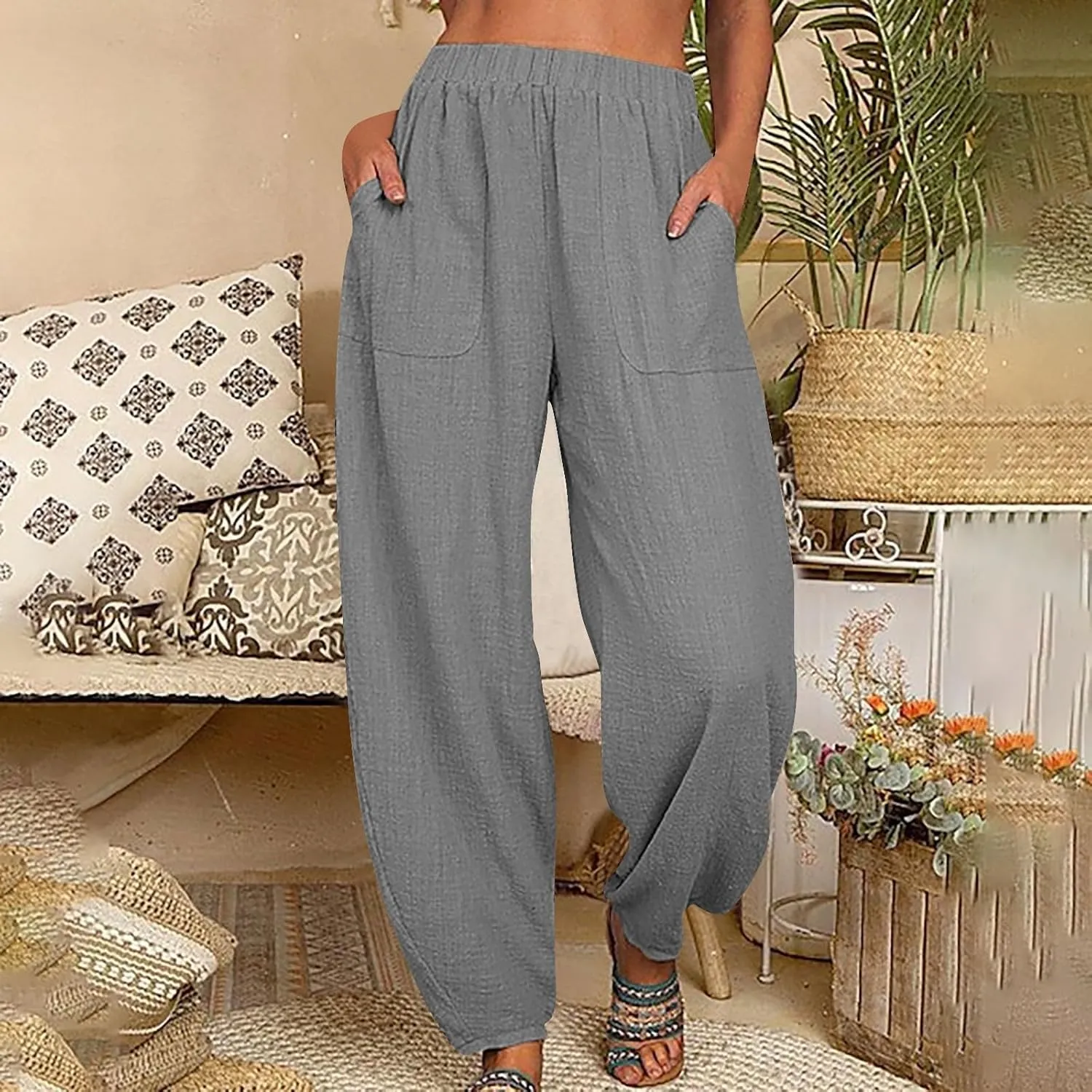 Flowy Pants for Women Straight Leg Cotton Linen Palazzo Trousers Elastic High Waisted Summer Casual Beach Outfit