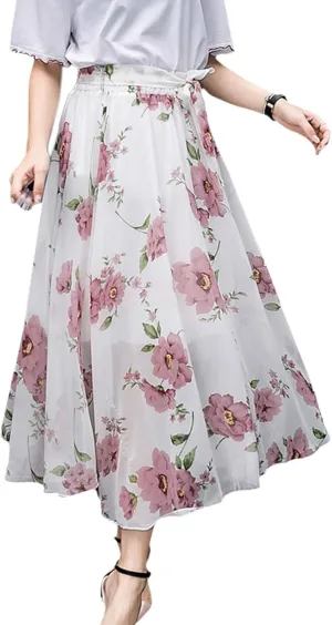 Flygo Women's High Waist Pleated Chiffon Boho Floral Flowy Midi Skirt