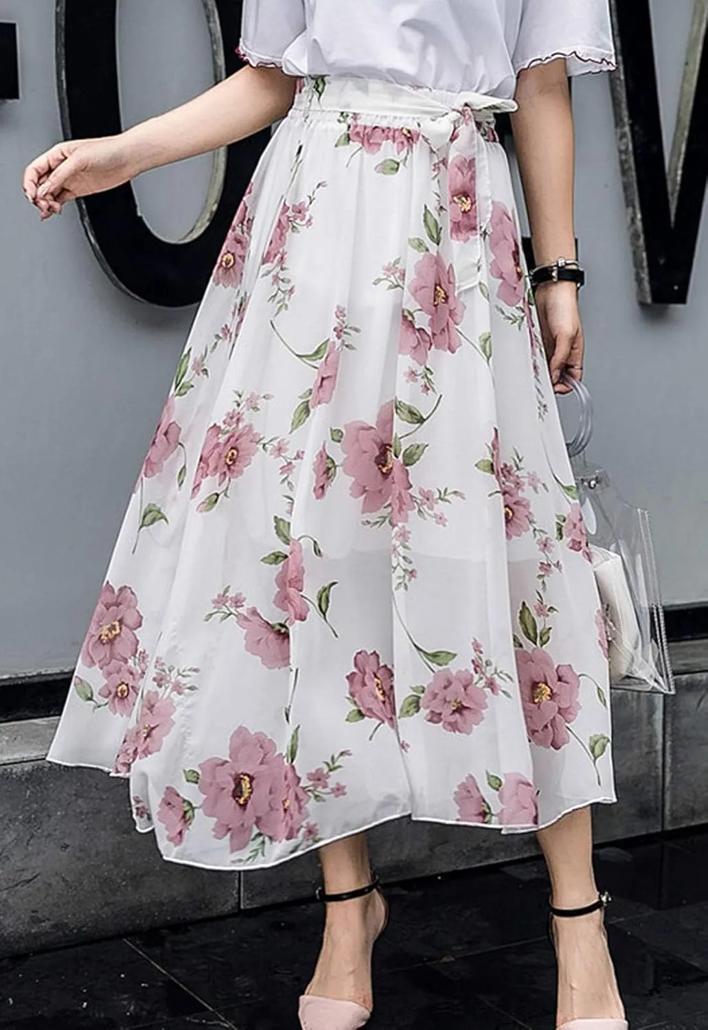 Flygo Women's High Waist Pleated Chiffon Boho Floral Flowy Midi Skirt