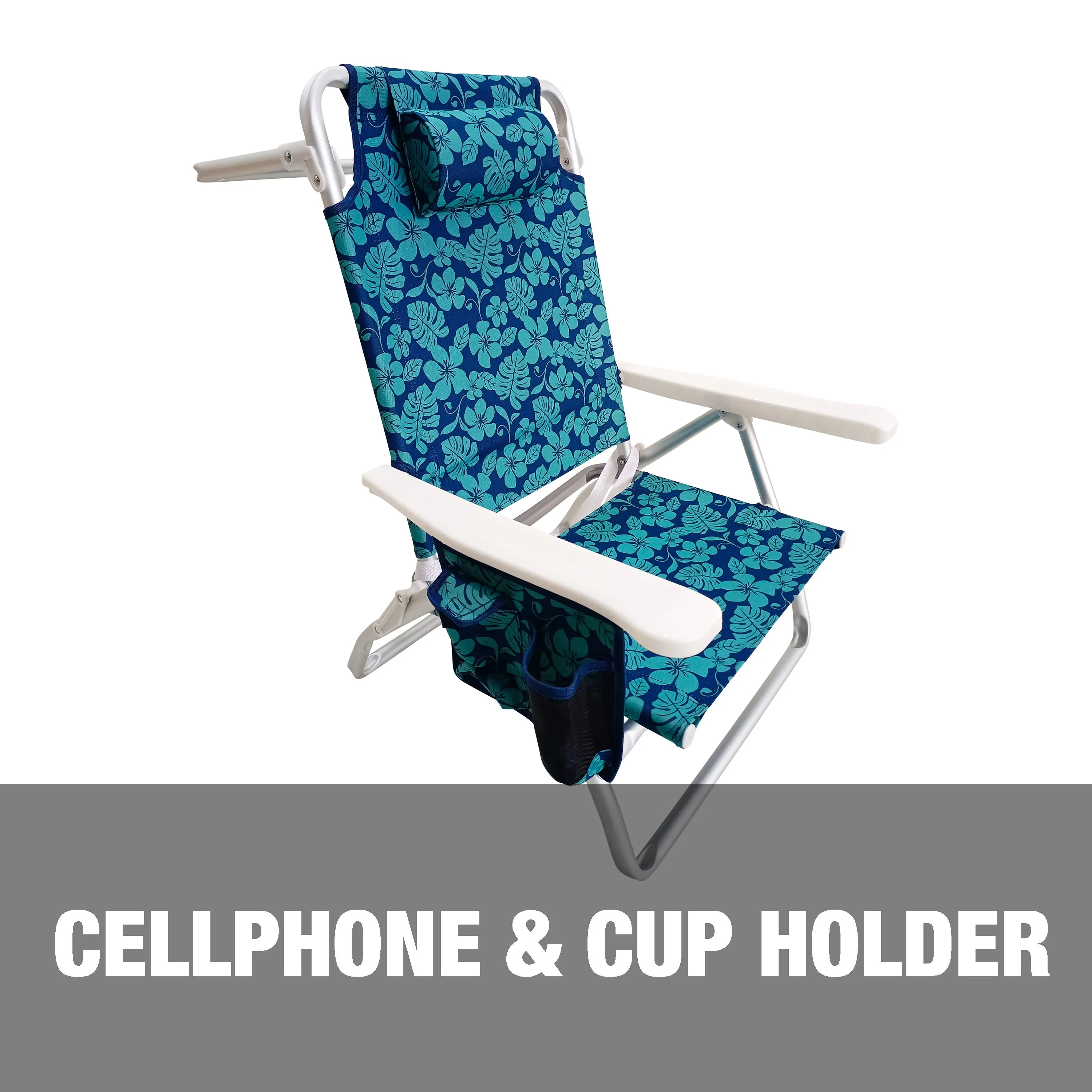 Folding Beach Chair W/ Towel Rack | Cup Holder W/ Pocket | 5 Reclining Positions | 275 Lb. Capacity