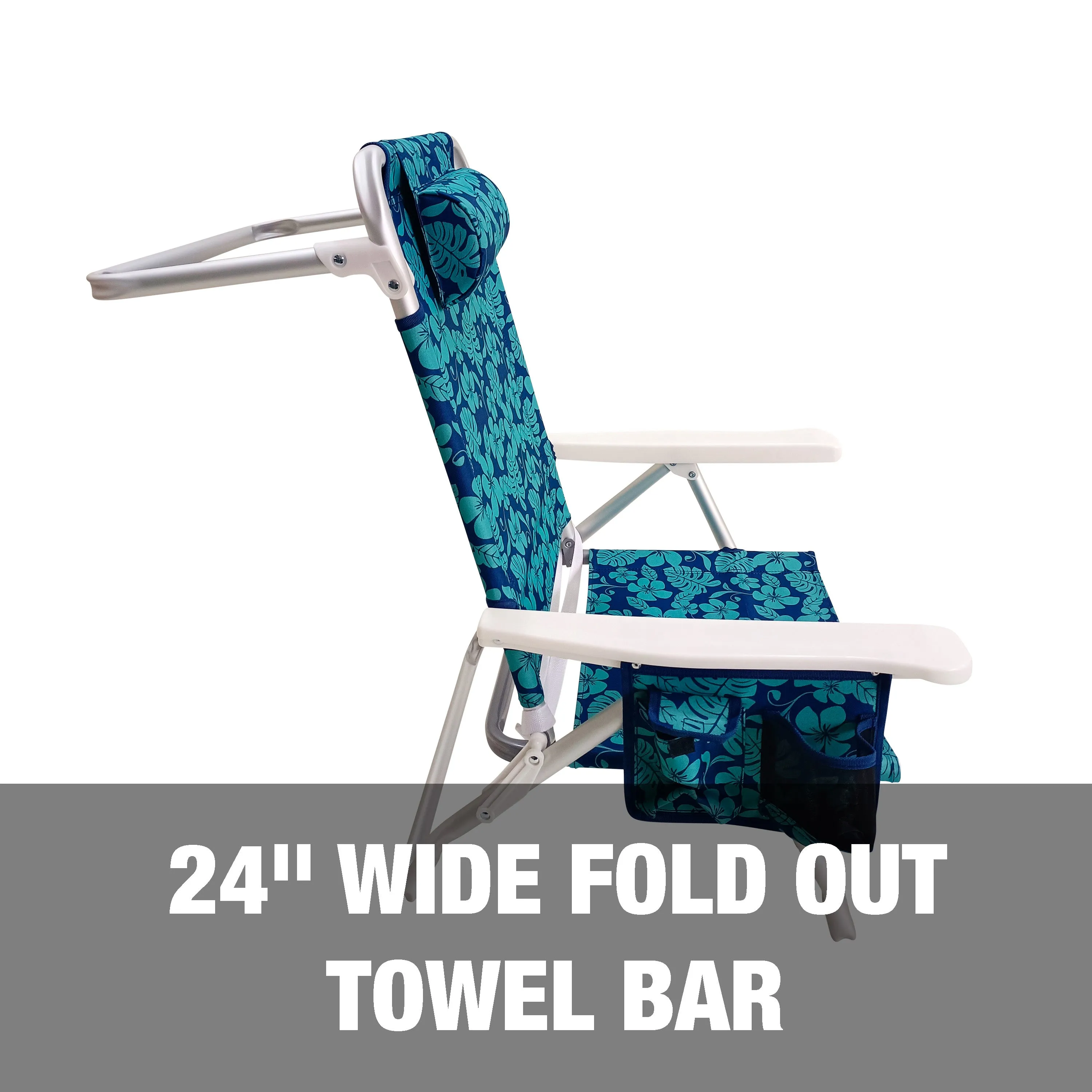 Folding Beach Chair W/ Towel Rack | Cup Holder W/ Pocket | 5 Reclining Positions | 275 Lb. Capacity