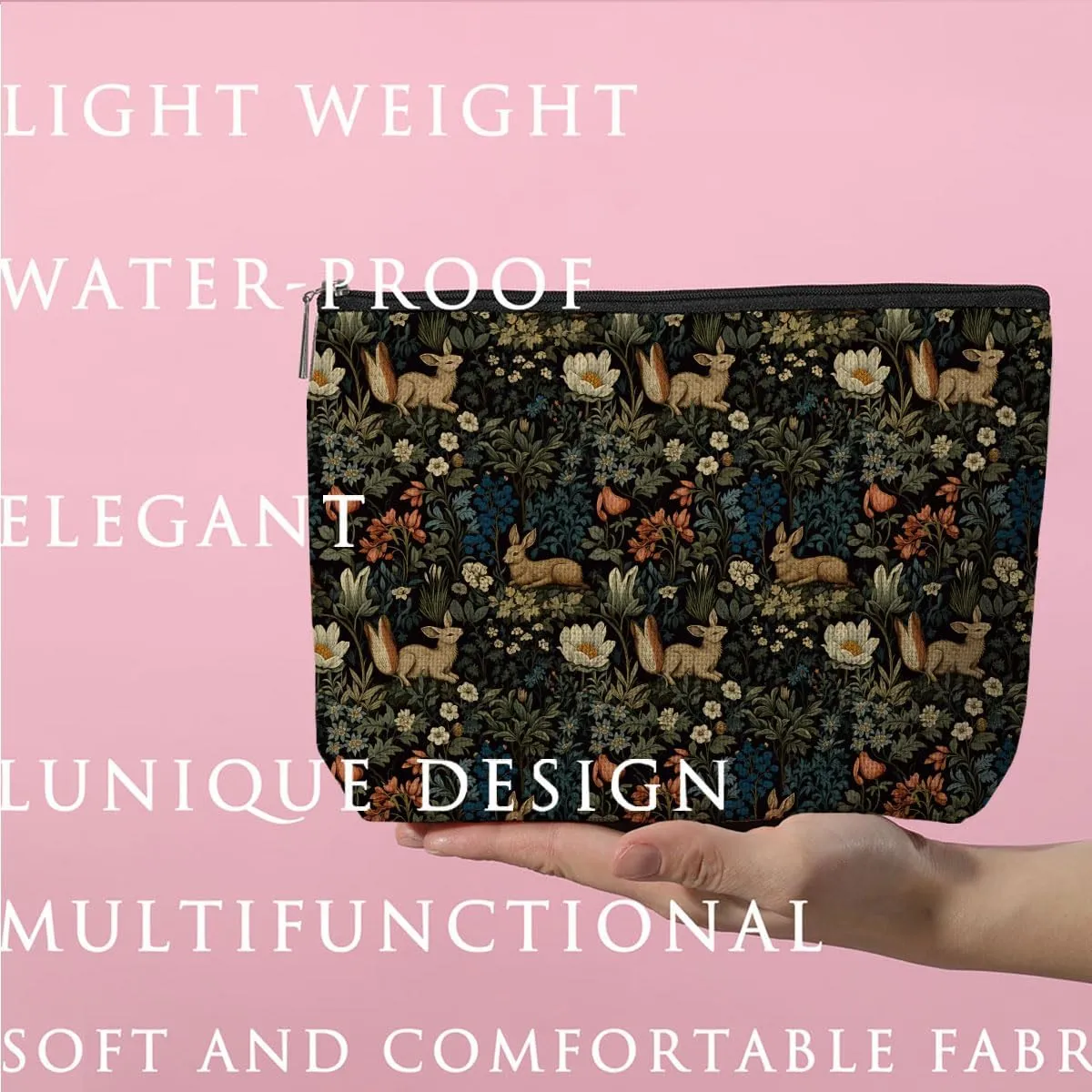 Forest Rabbit Classic Flower Botanical Floral Makeup Bag Toiletry Bag Cosmetic Bag Christmas Boss Day Birthday Thanksgiving Graduation Gifts for Women Girls Sister Coworker Friend Bestie Teacher