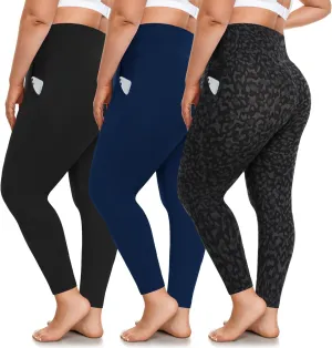 FULLSOFT 3 Pack Plus Size Leggings with Pockets for Women-High Waisted Tummy Control 1X-4X Soft Yoga Pants for Workout