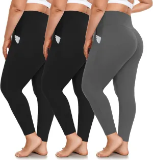 FULLSOFT 3 Pack Plus Size Leggings with Pockets for Women-High Waisted Tummy Control 1X-4X Soft Yoga Pants for Workout