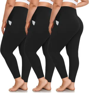 FULLSOFT 3 Pack Plus Size Leggings with Pockets for Women-High Waisted Tummy Control 1X-4X Soft Yoga Pants for Workout