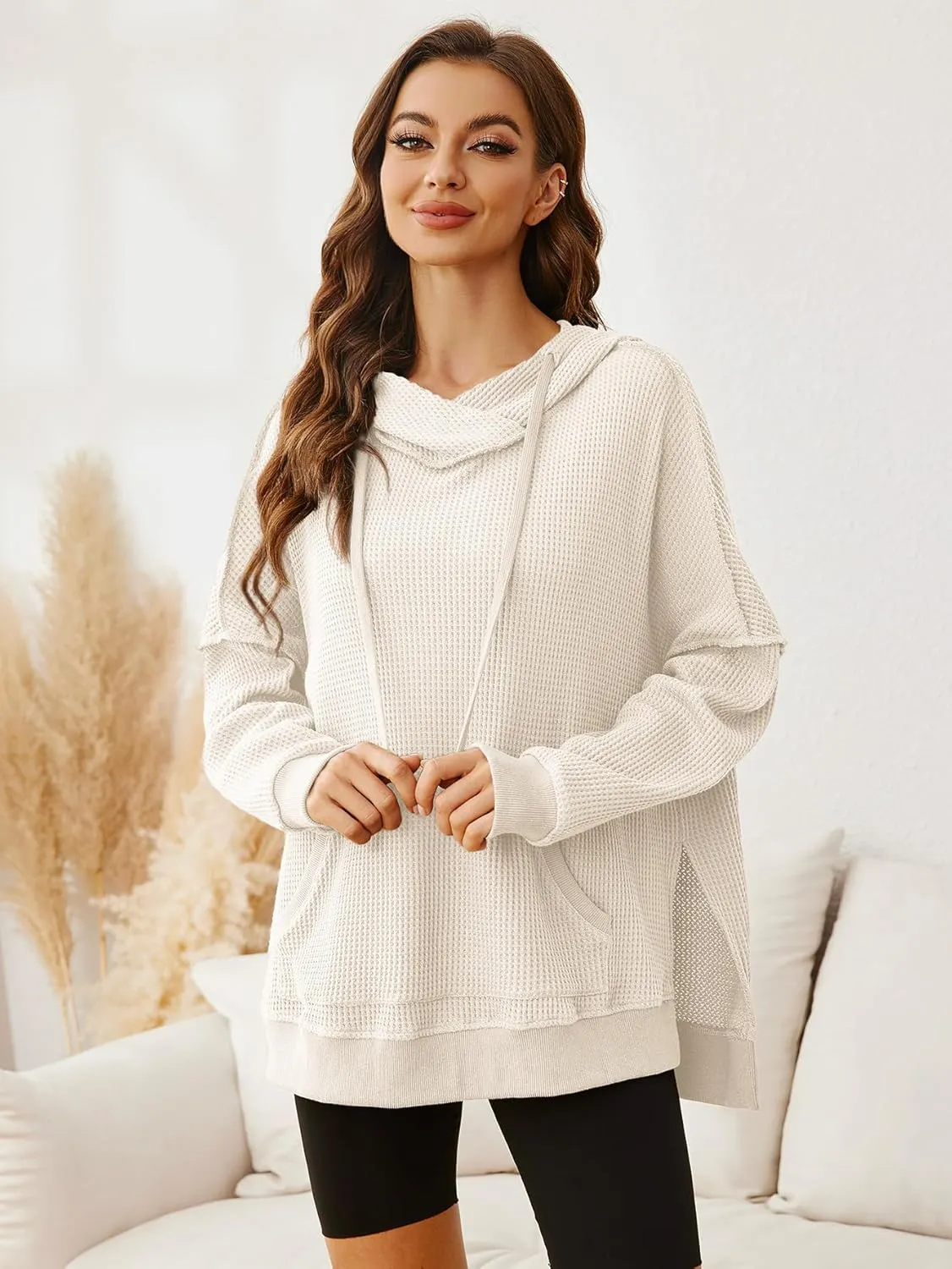 Glamaker Women's Waffle Knit Oversized Hoodies Pullover 2023 Fall Cute Trendy Hooded Sweatshirt Drawstring Casual Outfits