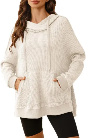 Glamaker Women's Waffle Knit Oversized Hoodies Pullover 2023 Fall Cute Trendy Hooded Sweatshirt Drawstring Casual Outfits
