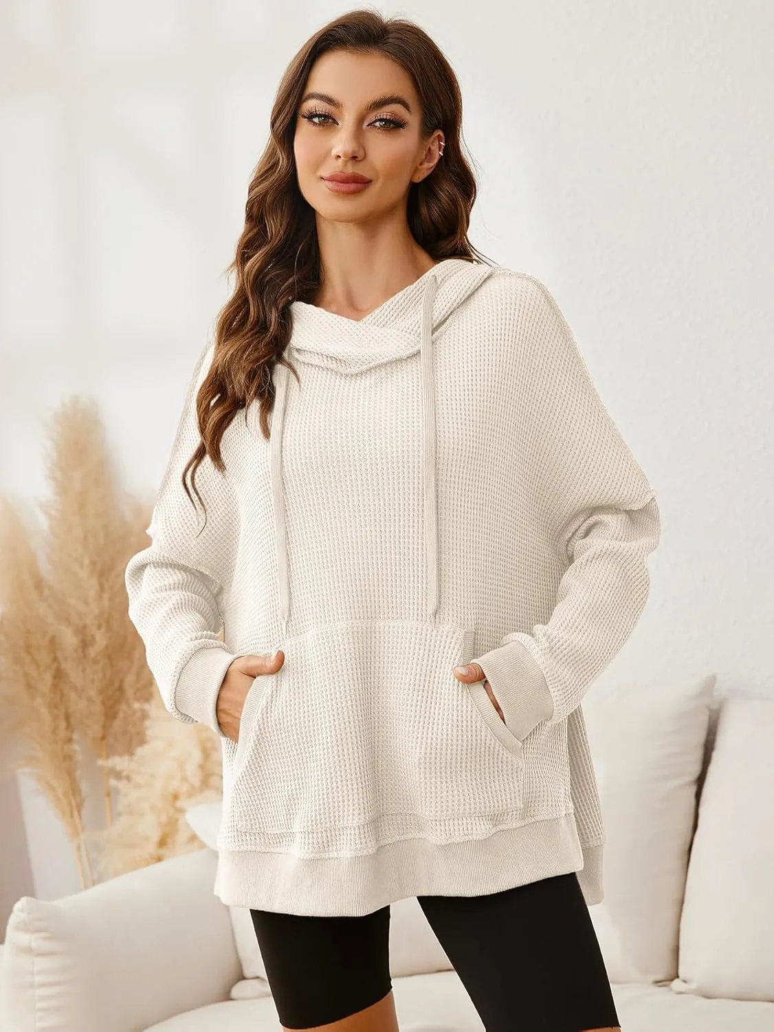 Glamaker Women's Waffle Knit Oversized Hoodies Pullover 2023 Fall Cute Trendy Hooded Sweatshirt Drawstring Casual Outfits