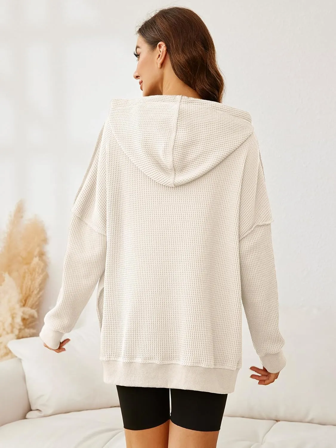 Glamaker Women's Waffle Knit Oversized Hoodies Pullover 2023 Fall Cute Trendy Hooded Sweatshirt Drawstring Casual Outfits