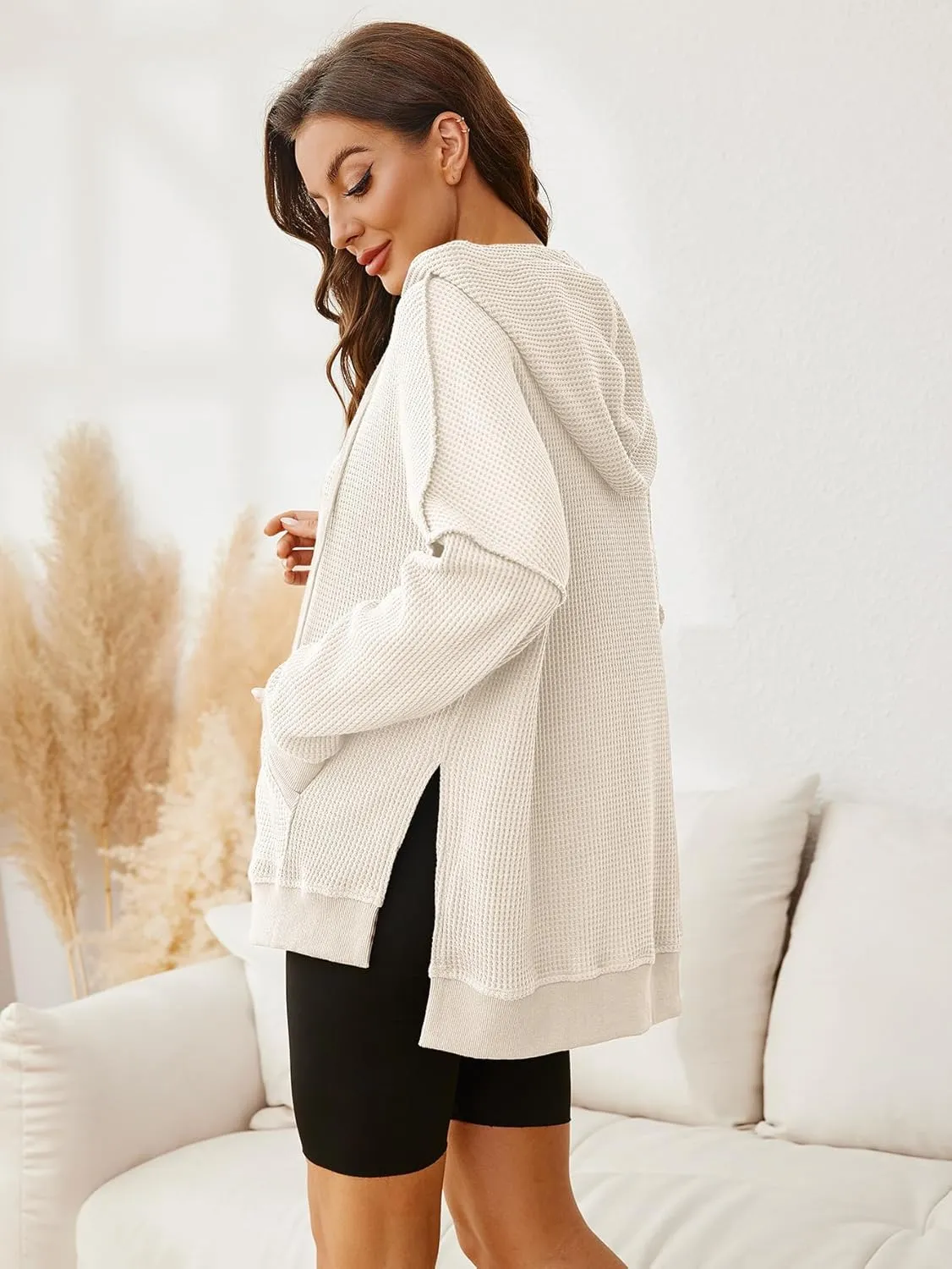 Glamaker Women's Waffle Knit Oversized Hoodies Pullover 2023 Fall Cute Trendy Hooded Sweatshirt Drawstring Casual Outfits