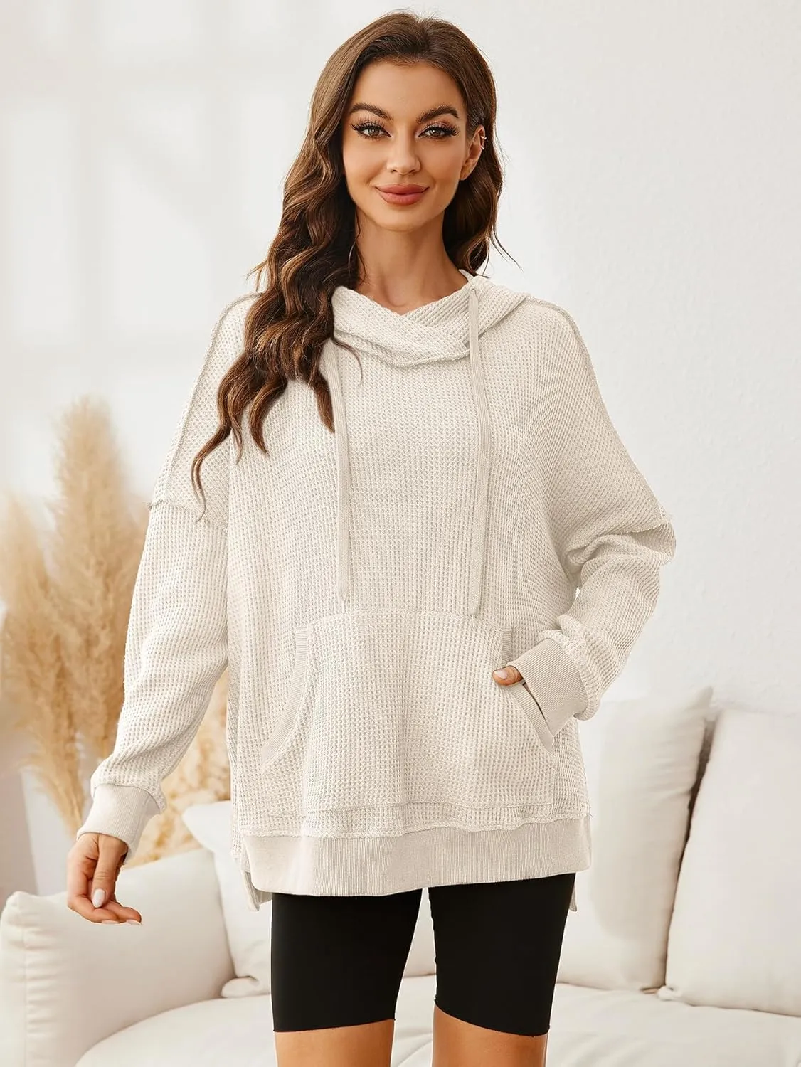 Glamaker Women's Waffle Knit Oversized Hoodies Pullover 2023 Fall Cute Trendy Hooded Sweatshirt Drawstring Casual Outfits