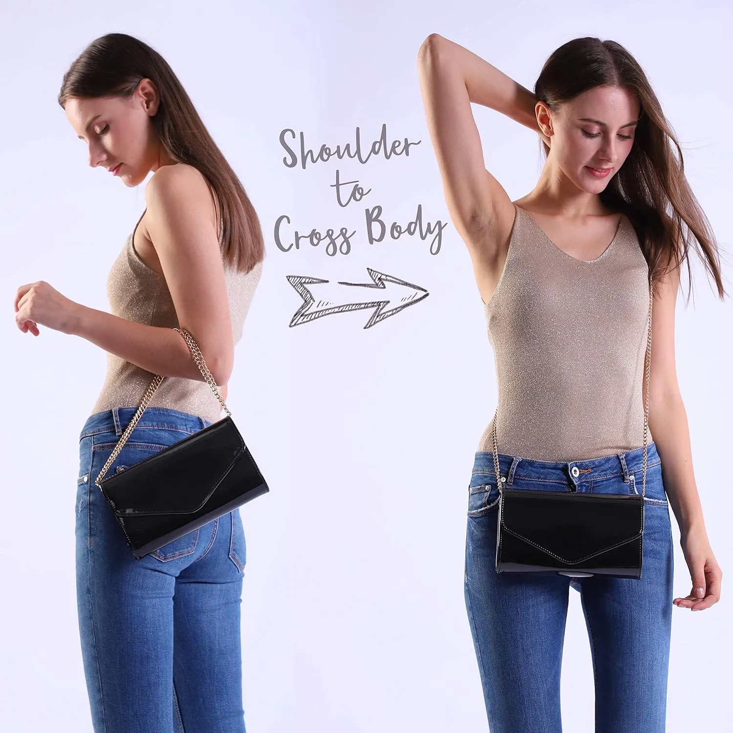 Glossy Envelope Evening Clutch Faux Patent Leather Women Chain Shoulder Bag Solid Color Purse (Black)