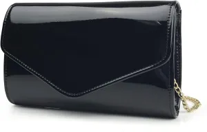 Glossy Envelope Evening Clutch Faux Patent Leather Women Chain Shoulder Bag Solid Color Purse (Black)