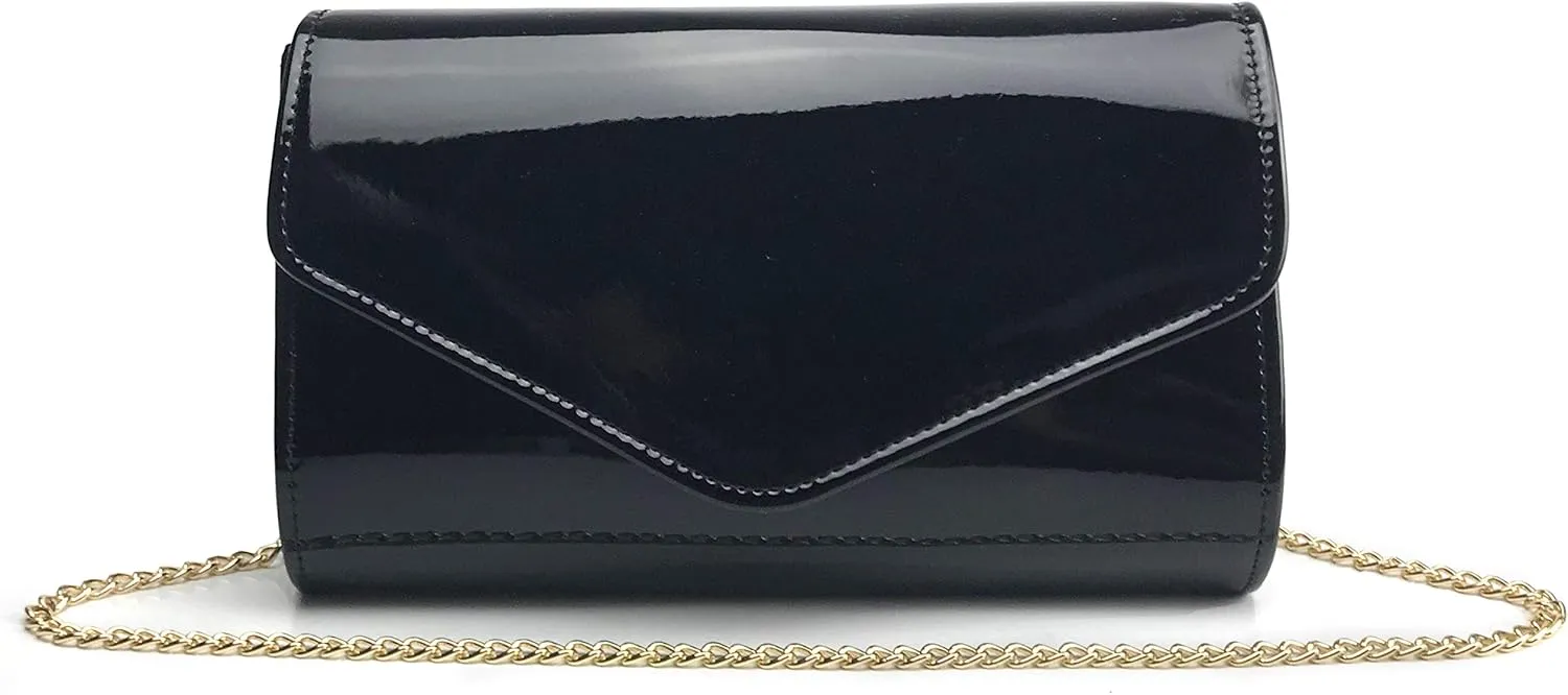 Glossy Envelope Evening Clutch Faux Patent Leather Women Chain Shoulder Bag Solid Color Purse (Black)