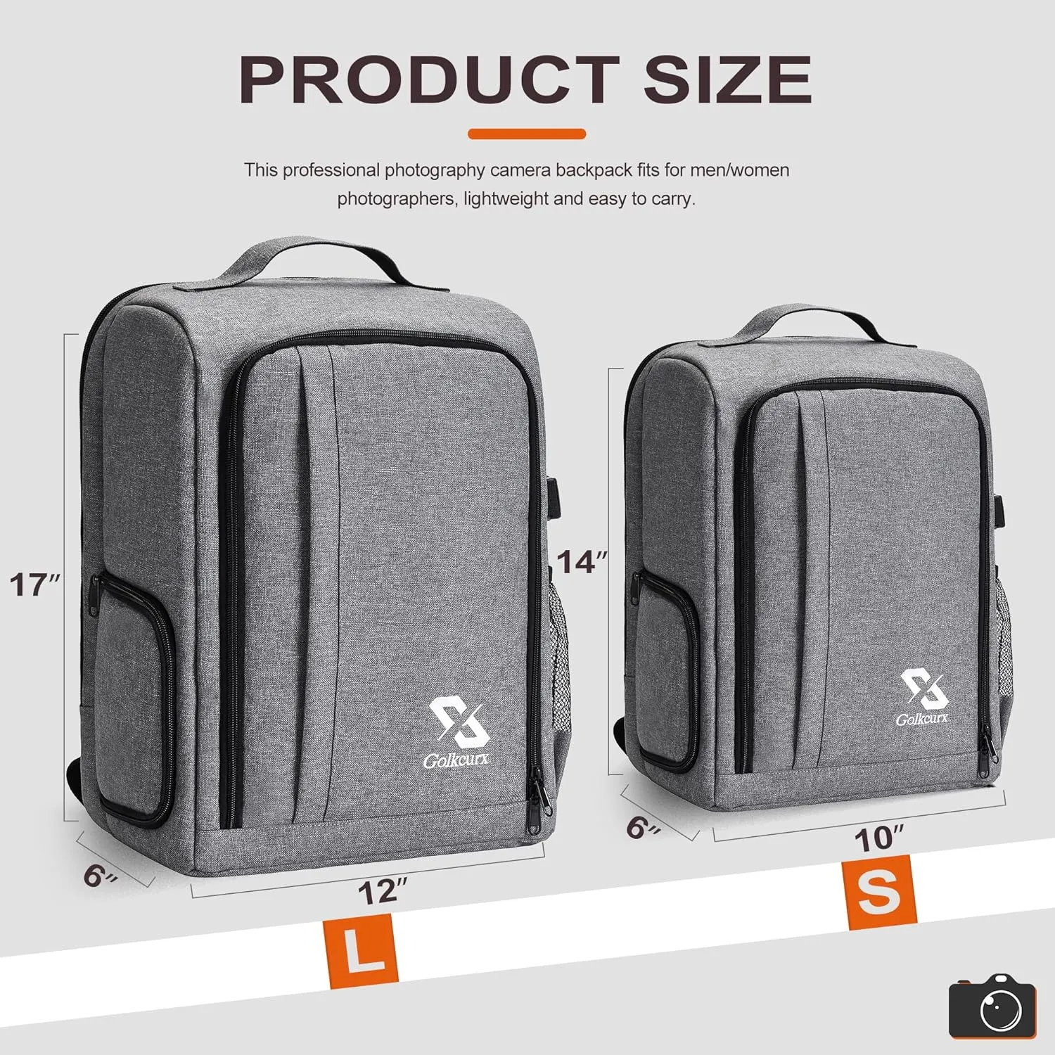 Golkcurx Camera Bag for DSLR/SLR CamerasCamera Backpack Waterproof for Photographers Grey S