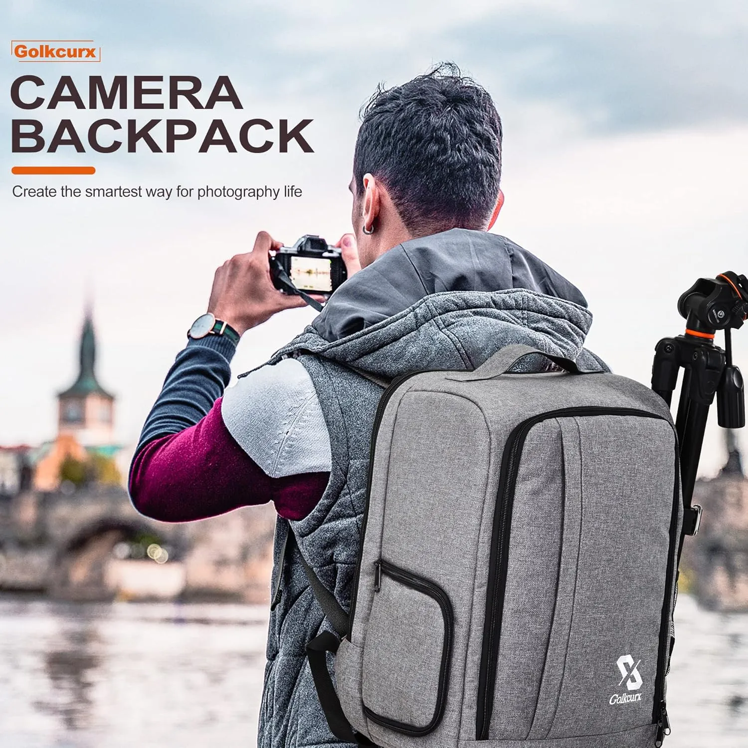 Golkcurx Camera Bag for DSLR/SLR CamerasCamera Backpack Waterproof for Photographers Grey S