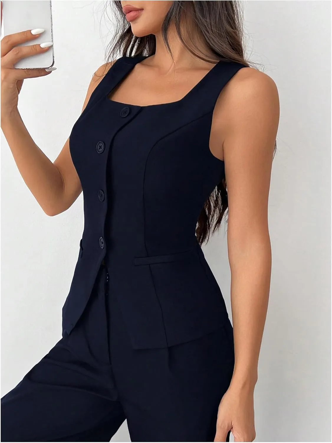 GORGLITTER Women's Sleeveless Blazer Vest Button Down Business Dressy Long Suit Vest