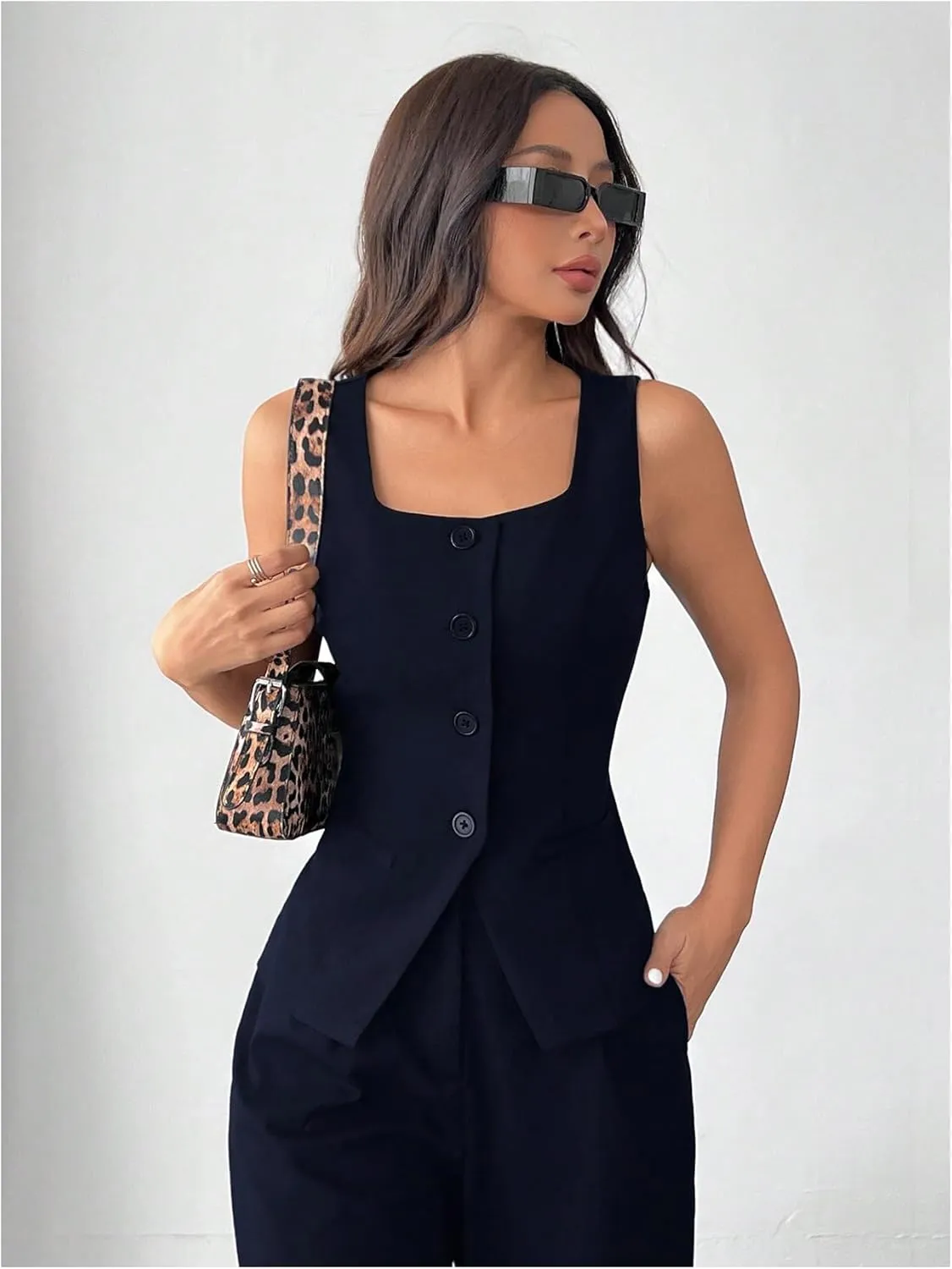 GORGLITTER Women's Sleeveless Blazer Vest Button Down Business Dressy Long Suit Vest