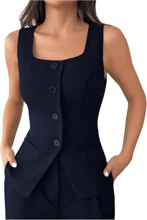 GORGLITTER Women's Sleeveless Blazer Vest Button Down Business Dressy Long Suit Vest