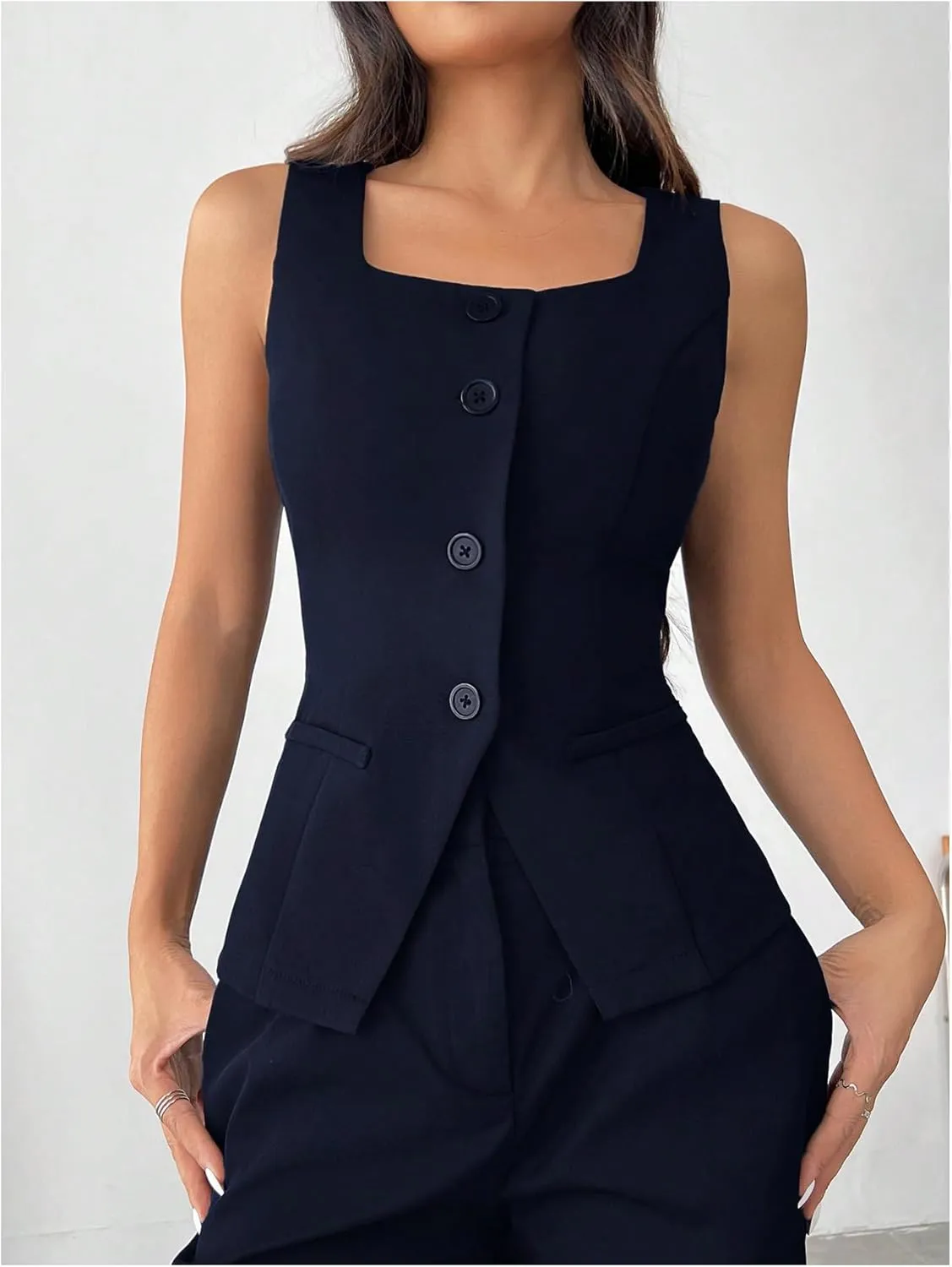 GORGLITTER Women's Sleeveless Blazer Vest Button Down Business Dressy Long Suit Vest