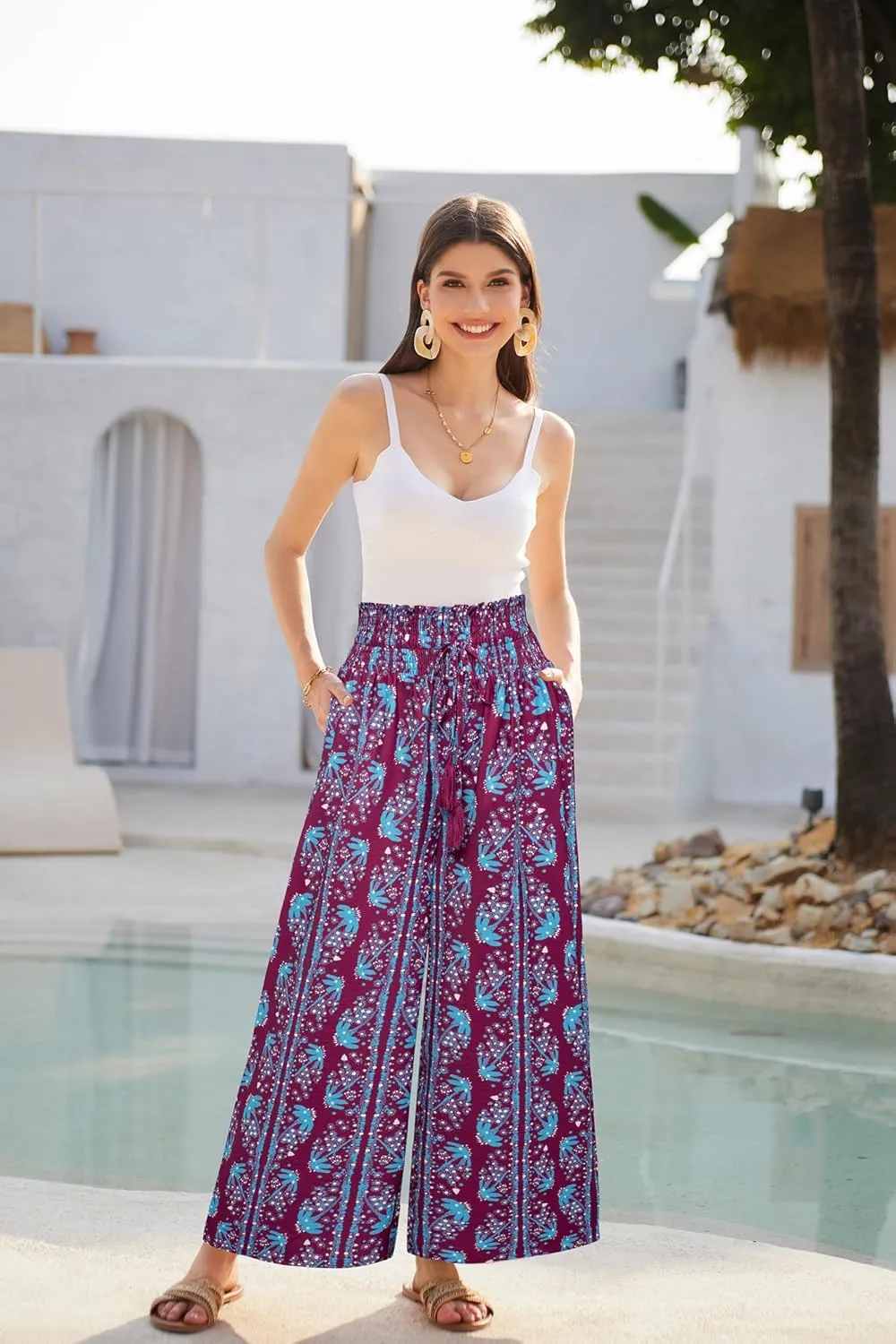 GRACE KARIN Womens 2024 Elastic High Waisted Palazzo Pants Loose Casual Wide Leg Lounge Boho Pant Trousers with Pocket