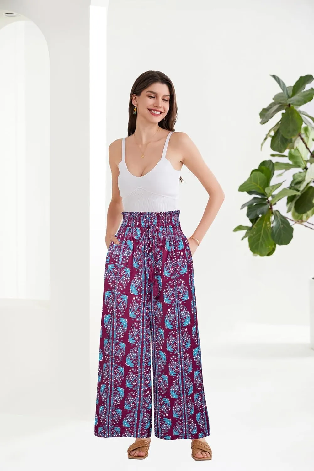 GRACE KARIN Womens 2024 Elastic High Waisted Palazzo Pants Loose Casual Wide Leg Lounge Boho Pant Trousers with Pocket