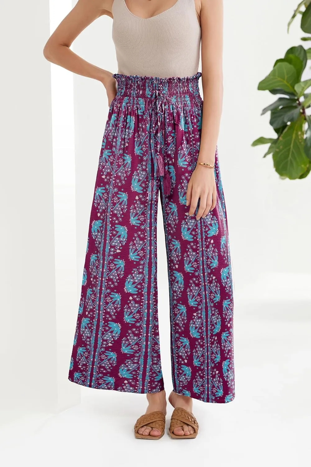 GRACE KARIN Womens 2024 Elastic High Waisted Palazzo Pants Loose Casual Wide Leg Lounge Boho Pant Trousers with Pocket