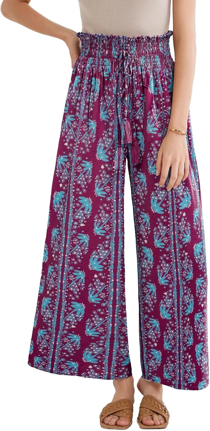 GRACE KARIN Womens 2024 Elastic High Waisted Palazzo Pants Loose Casual Wide Leg Lounge Boho Pant Trousers with Pocket