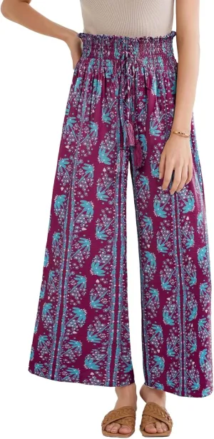 GRACE KARIN Womens 2024 Elastic High Waisted Palazzo Pants Loose Casual Wide Leg Lounge Boho Pant Trousers with Pocket