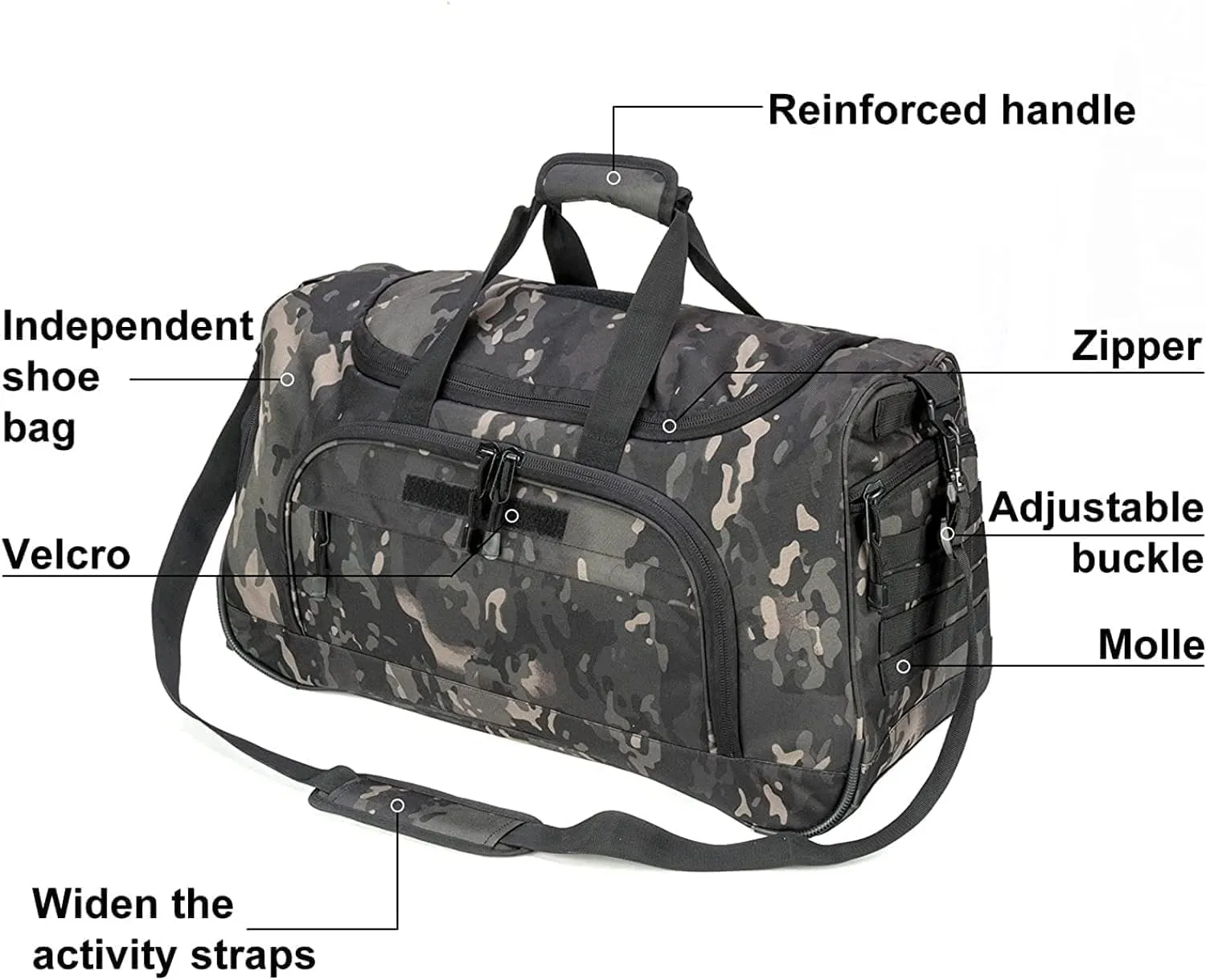 Gym Bag for Women & Men Tactical Duffle Military Weekender Work Out Lightweight Waterproof Sports Tote Shoe Pocket BlackCamo