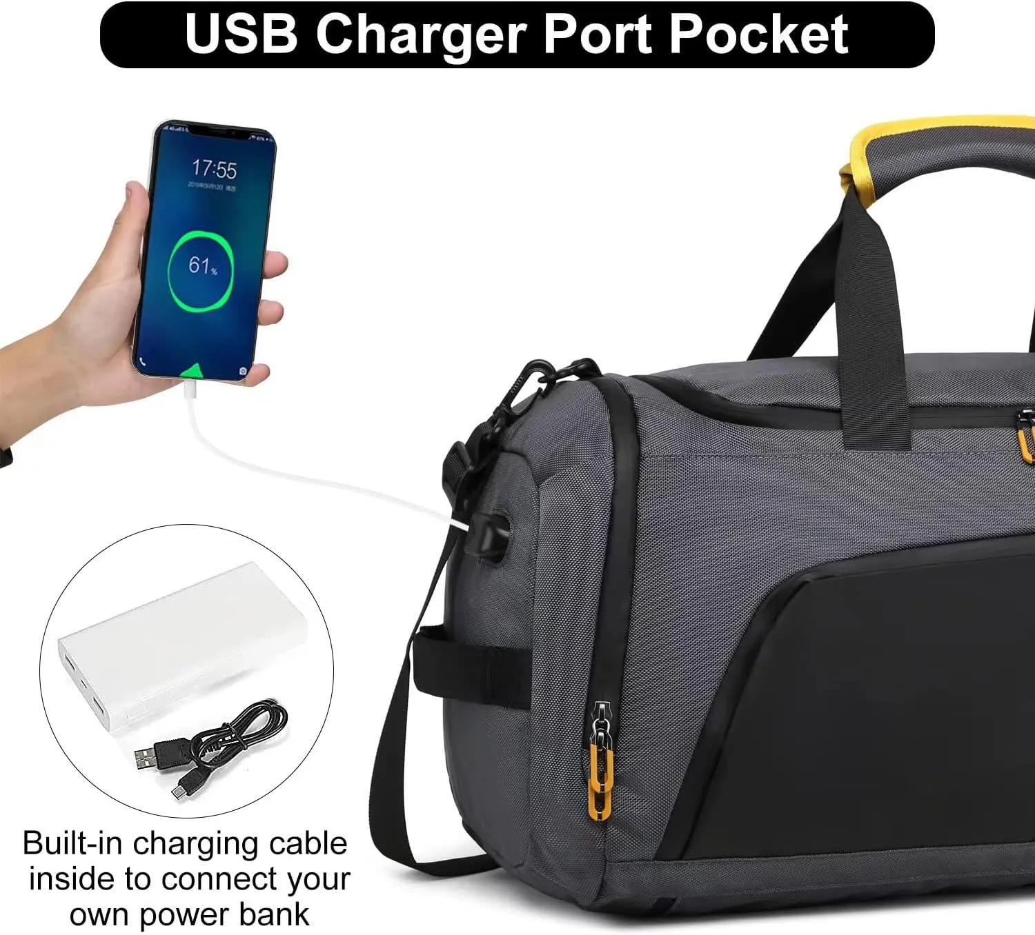Gym Duffle Bag Backpack with Shoe Compartment &Wet Pocket, 50L Large Waterproof Sports Bags for Men Women, Travel Duffel Carry on Bag with USB Port, Dark Grey