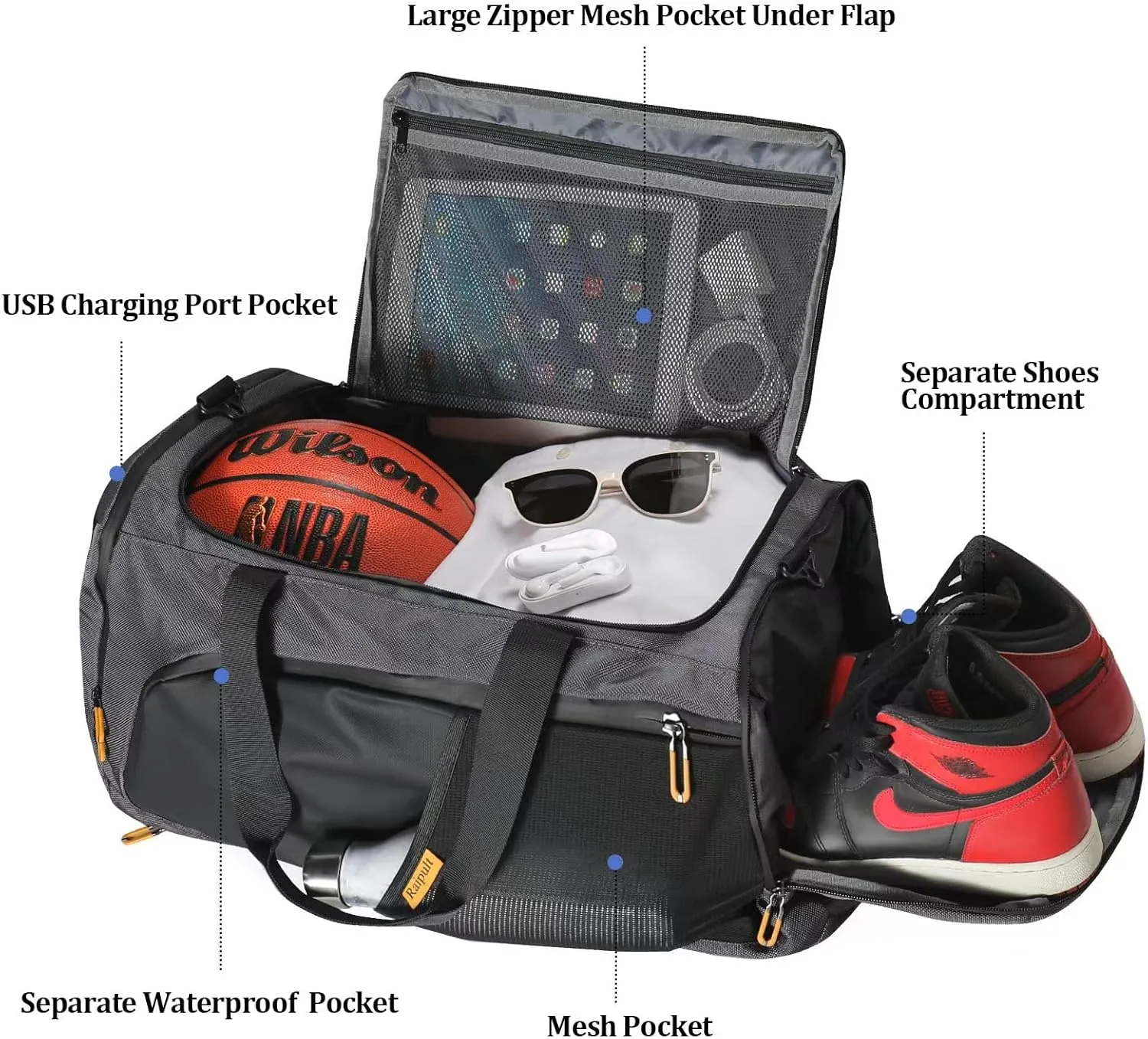Gym Duffle Bag Backpack with Shoe Compartment &Wet Pocket, 50L Large Waterproof Sports Bags for Men Women, Travel Duffel Carry on Bag with USB Port, Dark Grey