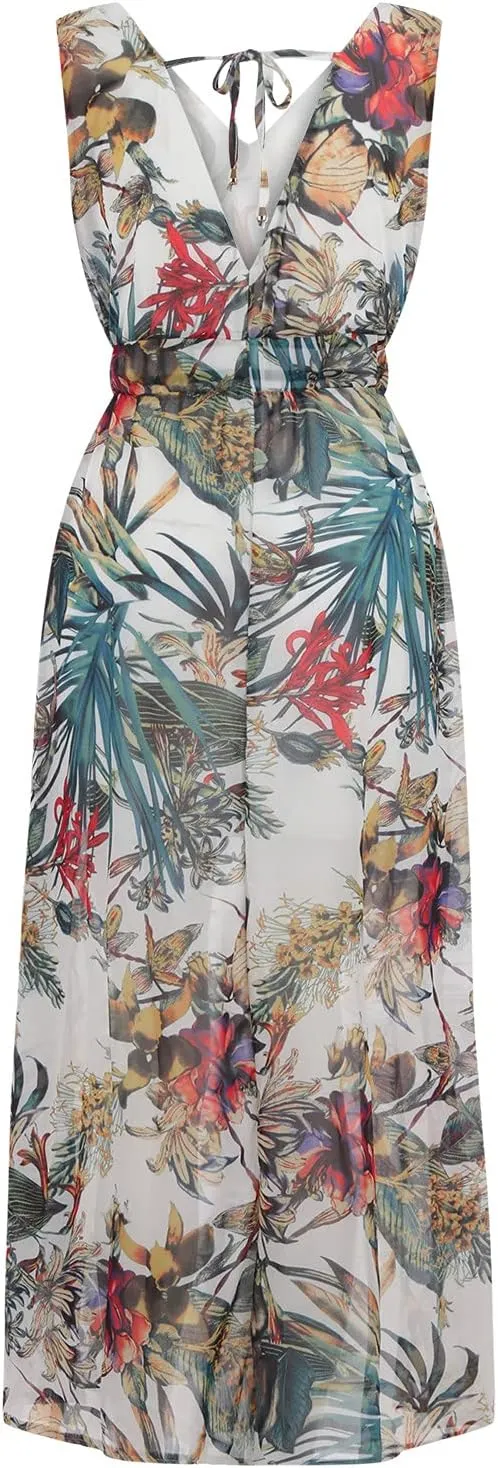 Hawaiian Dresses for Women Sleeveless V Neck Strappy Beach Boho Tropical Summer Maxi Dress Tie Floral Long Sundress