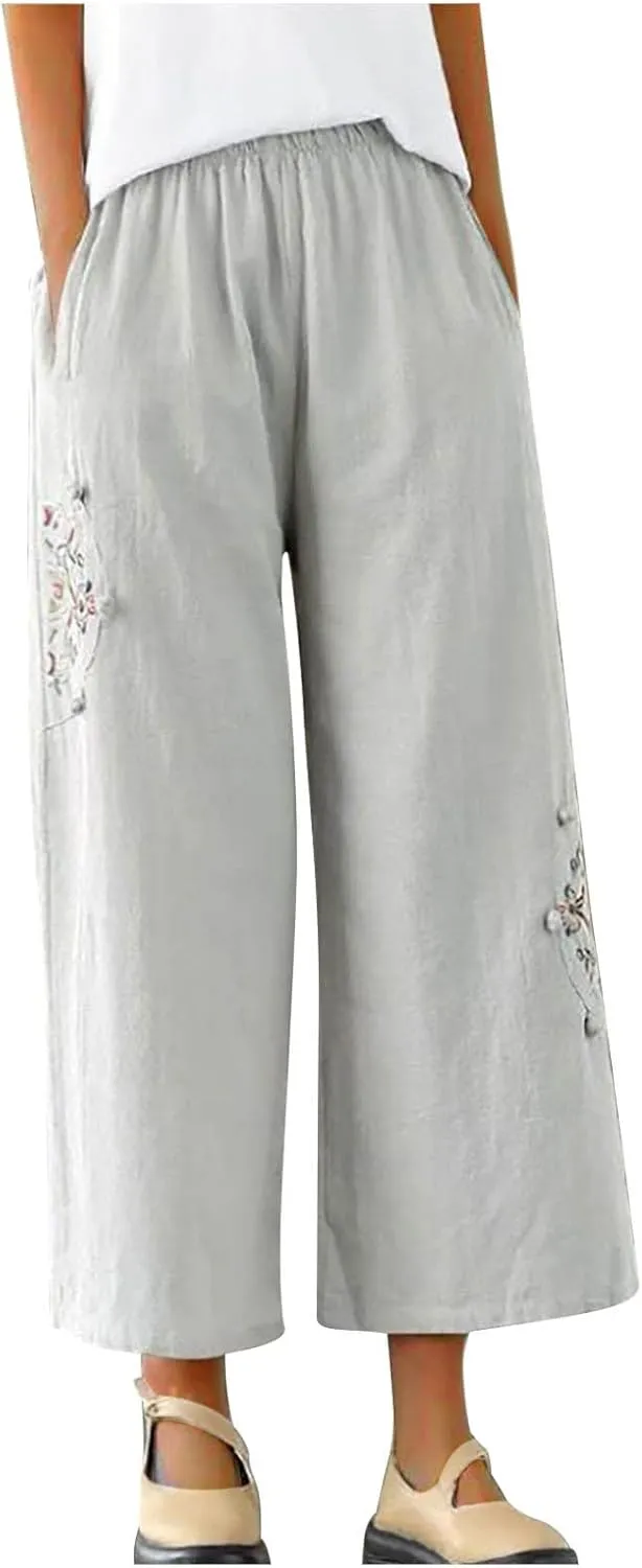 HGps8w Women's Cotton Linen Wide Leg Pants Plus Size Striped Drawstring Elastic High Waist Loose Lounge Trousers with Pockets
