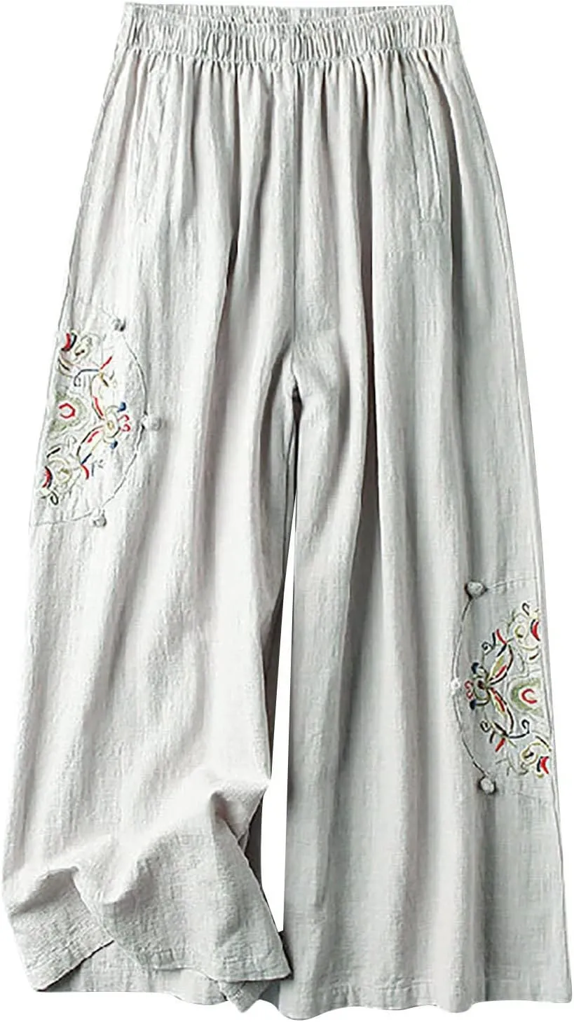 HGps8w Women's Cotton Linen Wide Leg Pants Plus Size Striped Drawstring Elastic High Waist Loose Lounge Trousers with Pockets