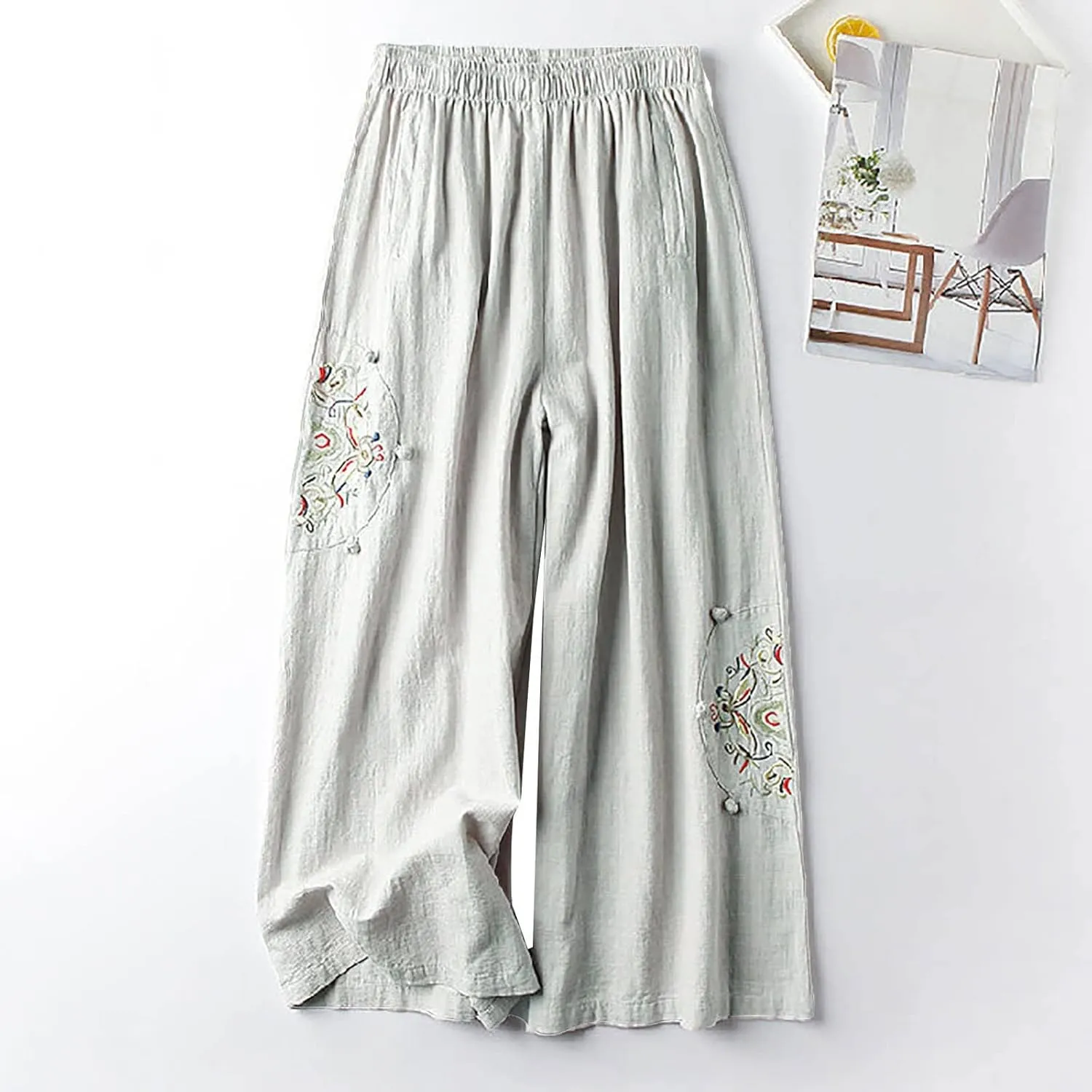 HGps8w Women's Cotton Linen Wide Leg Pants Plus Size Striped Drawstring Elastic High Waist Loose Lounge Trousers with Pockets